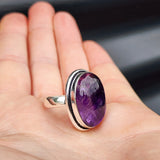 (T) Solid Sterling Silver & Natural Amethyst Oval Handmade Solitaire Ring