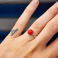 (O) Solid Sterling Silver & Natural Red Coral Handmade Solitaire Ring