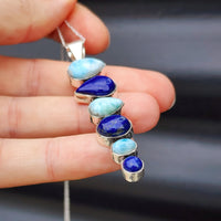 Solid Sterling Silver, Lapis Lazuli & Blue Larimar Handmade 6 Setting Pendant Necklace