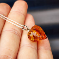 100% Solid Sterling Silver & Natural Amber Handmade Heart Pendant Necklace