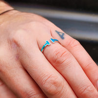 (Adjustable) Solid 925 Sterling Silver & Created Opal T Bar Band Ring