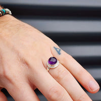 (R) Solid Sterling Silver & Natural Amethyst Round Handmade Solitaire Ring