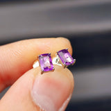 Natural Amethyst & Solid Silver Rectangle Stud Earrings