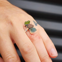 (Q) Solid Sterling Silver & Raw Mixed Gemstone Rustic Handmade Ring