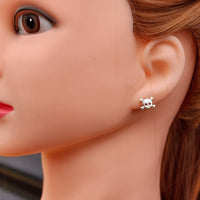 925 Sterling Silver & Red CZ Skull & Crossbones Stud Earrings