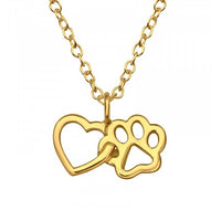 Childrens 925 Solid Sterling Silver Gold Heart & Paw Print Necklace