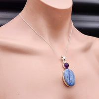 Solid Sterling Silver & Natural Kyanite Handmade Double Setting Necklace