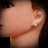 Childrens 925 Sterling Silver & Red CZ Skull & Crossbones Stud Earrings