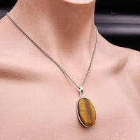 Silver Plated & Natural Tiger Eye Handmade Oval Pendant & Chain Necklace (30X25)