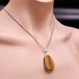 Silver Plated & Natural Tiger Eye Handmade Oval Pendant & Chain Necklace (30X25)