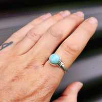 (T) Solid Sterling Silver & Natural Larimar Handmade Round Solitaire Ring