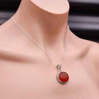 100% Solid Sterling Silver & Natural Amber Handmade Round Pendant Necklace