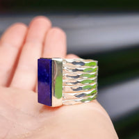 (T) Solid Sterling Silver & Natural Lapis Lazuli Rectangle Cage Band Handmade Ring
