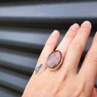 (O) Solid Sterling Silver & Natural Rhodonite Handmade Oval Solitaire Ring