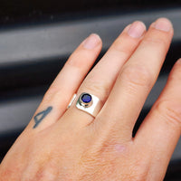 (R) Solid Sterling Silver & Blue Sapphire Handmade Wide Band Ring