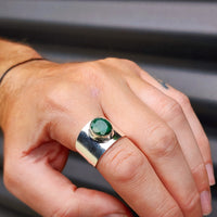 (V) Solid Sterling Silver & Natural Emerald Handmade Rustic Cuff Ring
