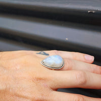 (Q) Solid Sterling Silver & Natural Moonstone Handmade Solitaire Pear Ring