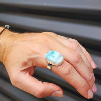 (T) Solid Sterling Silver & Natural Blue Larimar Handmade Solitaire Ring