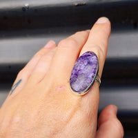 (T) Solid Sterling Silver & Natural Charoite XL Oval Handmade Solitaire Ring