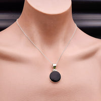 Solid Sterling Silver & Natural Black Onyx Handmade Round Pendant Necklace