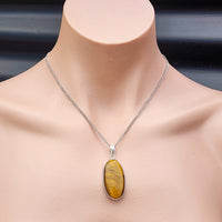 Silver Plated & Natural Tiger Eye Handmade Oval Pendant & Chain Necklace (30X2)