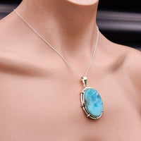 Solid Sterling Silver & Natural Blue Larimar Handmade Oval Necklace