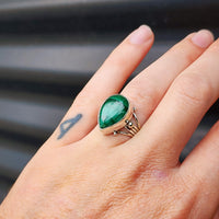 (Q) Solid Sterling Silver & Natural Malachite Handmade Rustic Solitaire Ring