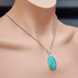 Silver Plated & Natural Amazonite Handmade Oval Pendant & Chain Necklace (30X9)