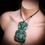 Natural Nephrite Jade XL Hei Tiki Pendant Necklace (N1056)