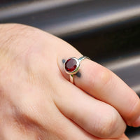 (M) Solid 925 Sterling Silver & 10mm Round Natural Garnet Signet Ring