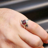 (M) Solid 925 Sterling Silver & 10mm Round Natural Garnet Signet Ring