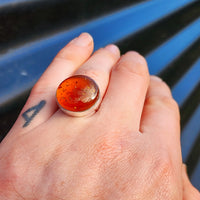 Solid 925 Sterling Silver & Natural Amber Round Solitaire Ring