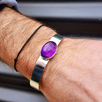Solid 925 Sterling Silver & Natural Amethyst Oval Cuff Bracelet