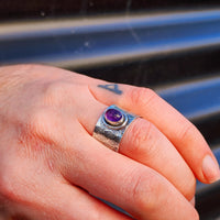 Solid 925 Sterling Silver & Natural Amethyst Textured Wide Band Ring