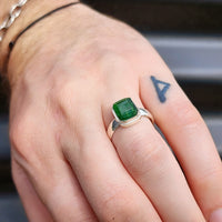 Rustic Solid 925 Sterling Silver & Natural Emerald Handmade Rectangle Ring