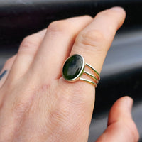 (T) Solid 925 Sterling Silver & Natural Greenstone Handmade 3 Bar Cage Ring