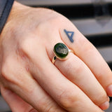 (Q) Solid 925 Sterling Silver & Natural Greenstone Handmade Oval Signet Ring