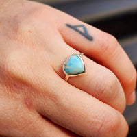 (Q) Solid 925 Sterling Silver & Natural Larimar Heart Ring