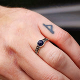 (Q) Solid 925 Oxidized Sterling Silver & Natural Sodalite Celtic Band Ring