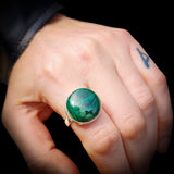 (Q) Solid 925 Sterling Silver & Natural Malachite Round Solitaire Handmade Ring
