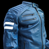 Blue Beetle - Mens REAL Genuine Leather Jacket - Blue & White Stripe