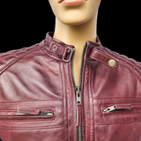 Crimson Brawler - Mens REAL Genuine Leather Jacket - Burgundy Quilted Shoulders