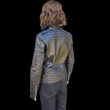 50% OFF SALE. Womens REAL Genuine Leather Jacket - Black Ribbed & Domed Side Zip