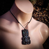 Hei Tiki Etched Black Bone Carving Pendant Necklace - NZ Maori Inspired