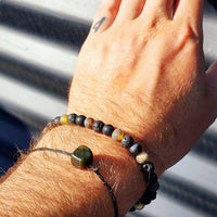 Natural Raw Green Amber, Obsidian, Lava Stones Elastic Bracelet