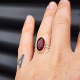 (O) Solid Sterling Silver & Red Garnet Oval Stone Handmade Solitaire Ring