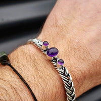 Solid Sterling Silver & Natural Amethyst Handmade Braid Cuff Bracelet