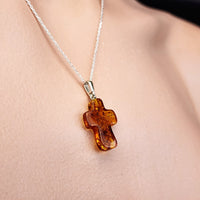 Solid Sterling Silver & Natural Polished Hand Carved Rustic Cross Pendant Necklace