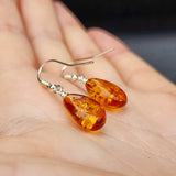 Solid Sterling Silver & Cognac Amber Hanging Waterdrop Earrings