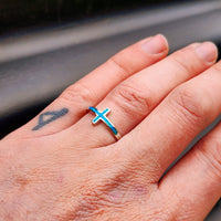 (Q) Solid 925 Sterling Silver & Created Opal Cross Band Ring